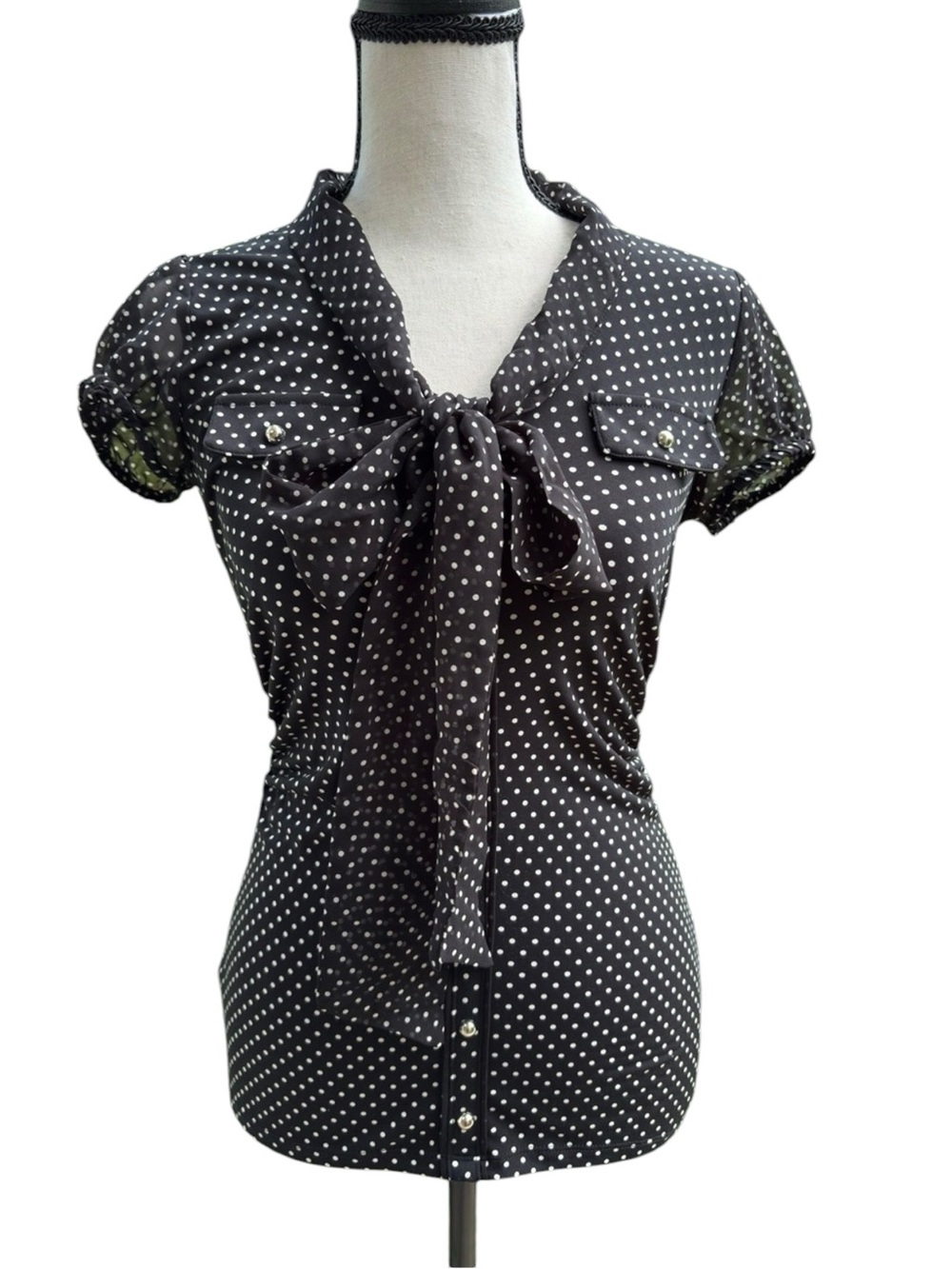 White House Black Market Black Polka Dot Tie-Neck Blouse